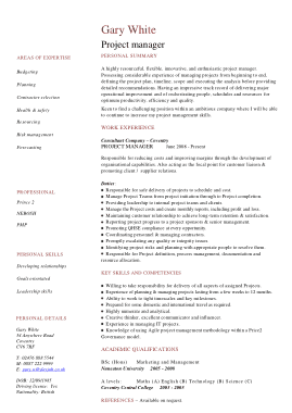 Project Manager CV Example Free Template
