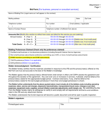 Sample Bid Proposal Form For Services Free Template